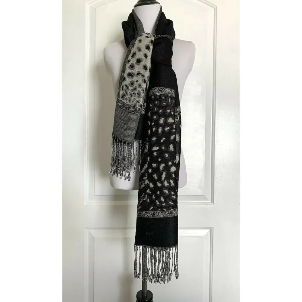 Los Angeles Boutique Designer Pashmina Scarf Wrap Warm Black White Gray Fringe